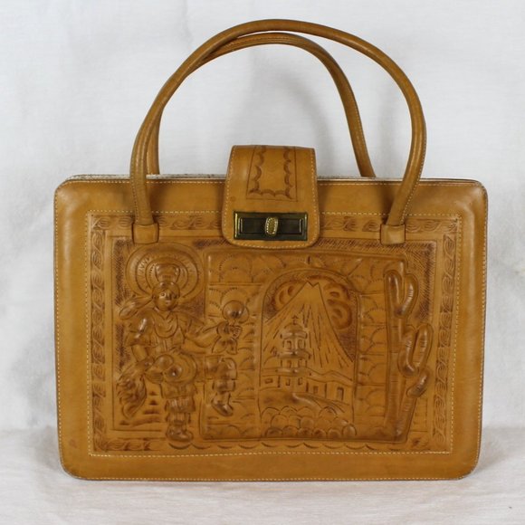 VTG AZTEC MEXICAN LEATHER FIESTA Purse Large Handtooled Tan Leather Shoulder Bag